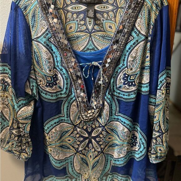 INC International Concepts Women beaded Boho Blouse with underslip  Petite XL - Picture 5 of 10